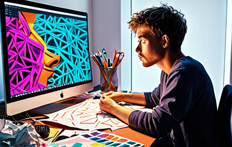 **
Prompt: A vibrant digital artwork showcasing AI generating a burst of creative ideas, visualized as colorful interconnected nodes and lines, inspiring a frustrated artist sitting at a desk filled with crumpled paper. Focus on the contrast between the chaotic artist's space and the clean, organized output of the AI. Style: Futuristic, vibrant, with a Dutch design aesthetic.
**
